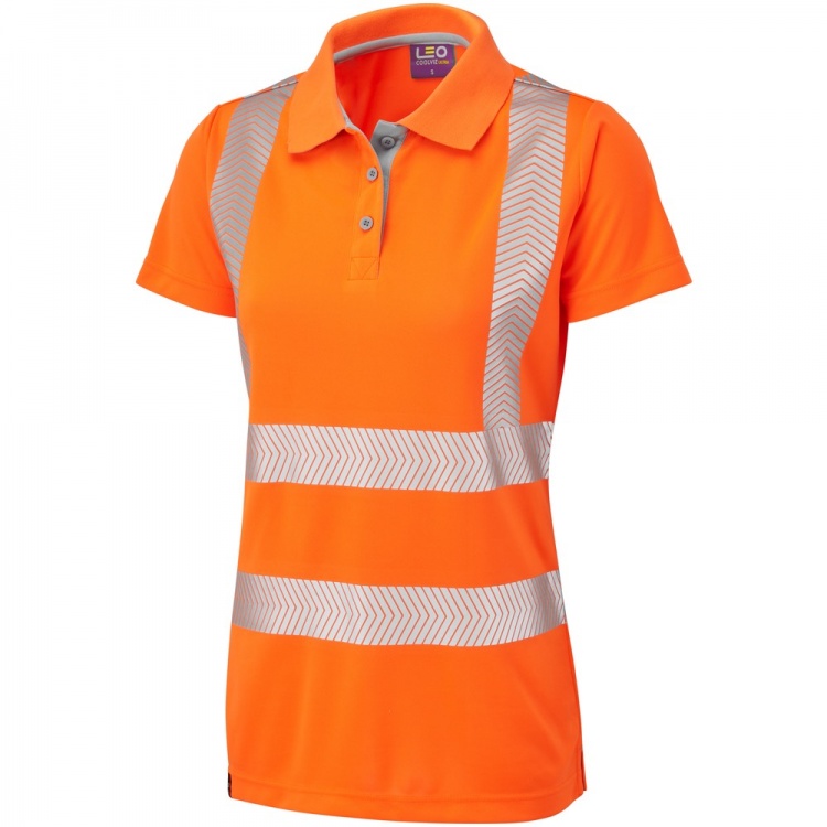 Leo Workwear PL03-O Pippacott ISO 20471 Class 2 EcoViz Coolviz Plus Ladies RIS-3279-TOM Hi Vis Polo Shirt Orange